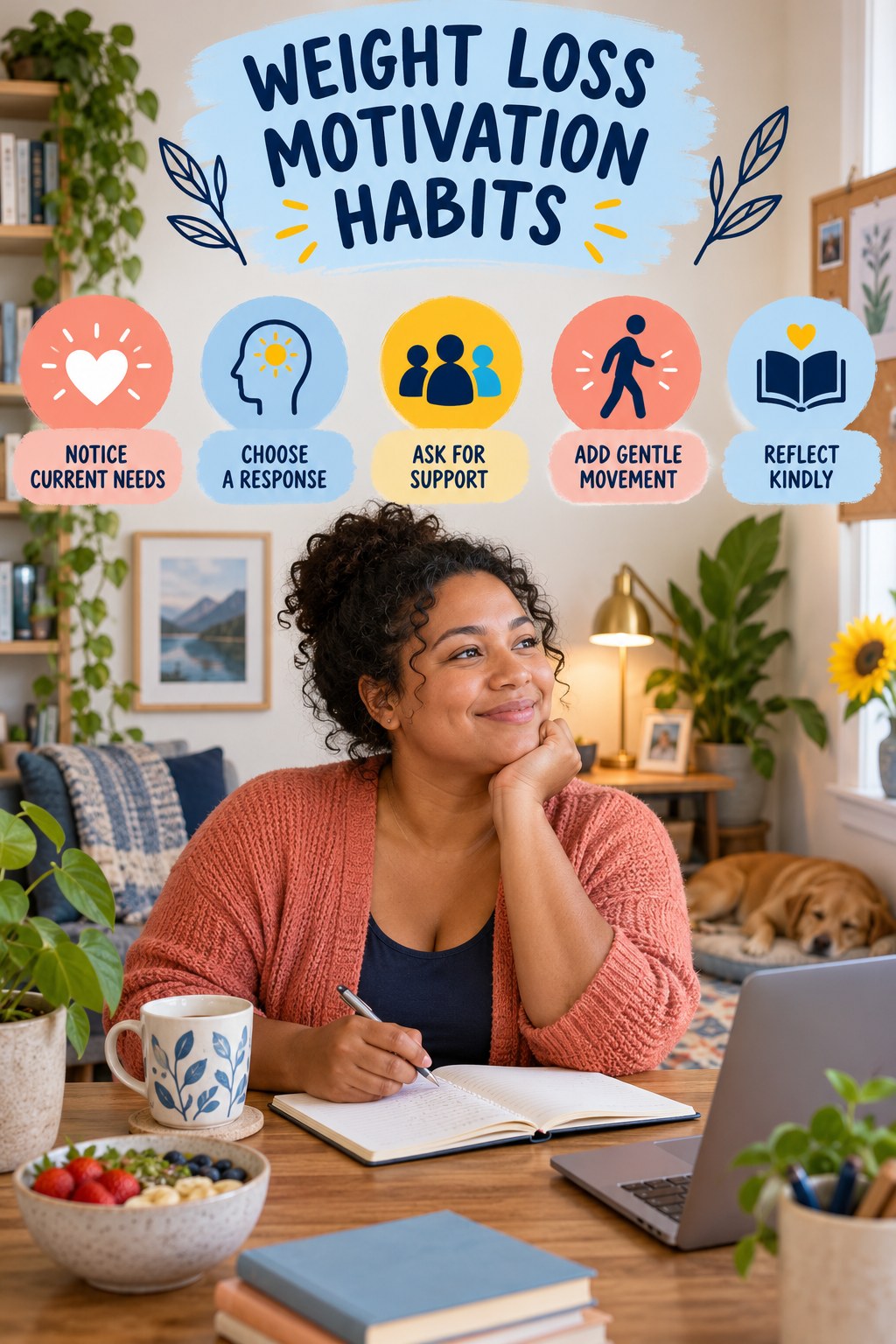 Self-Care Habits for Weight Loss Motivation with five readable habit cues and a realistic board-relevant wellness scene.