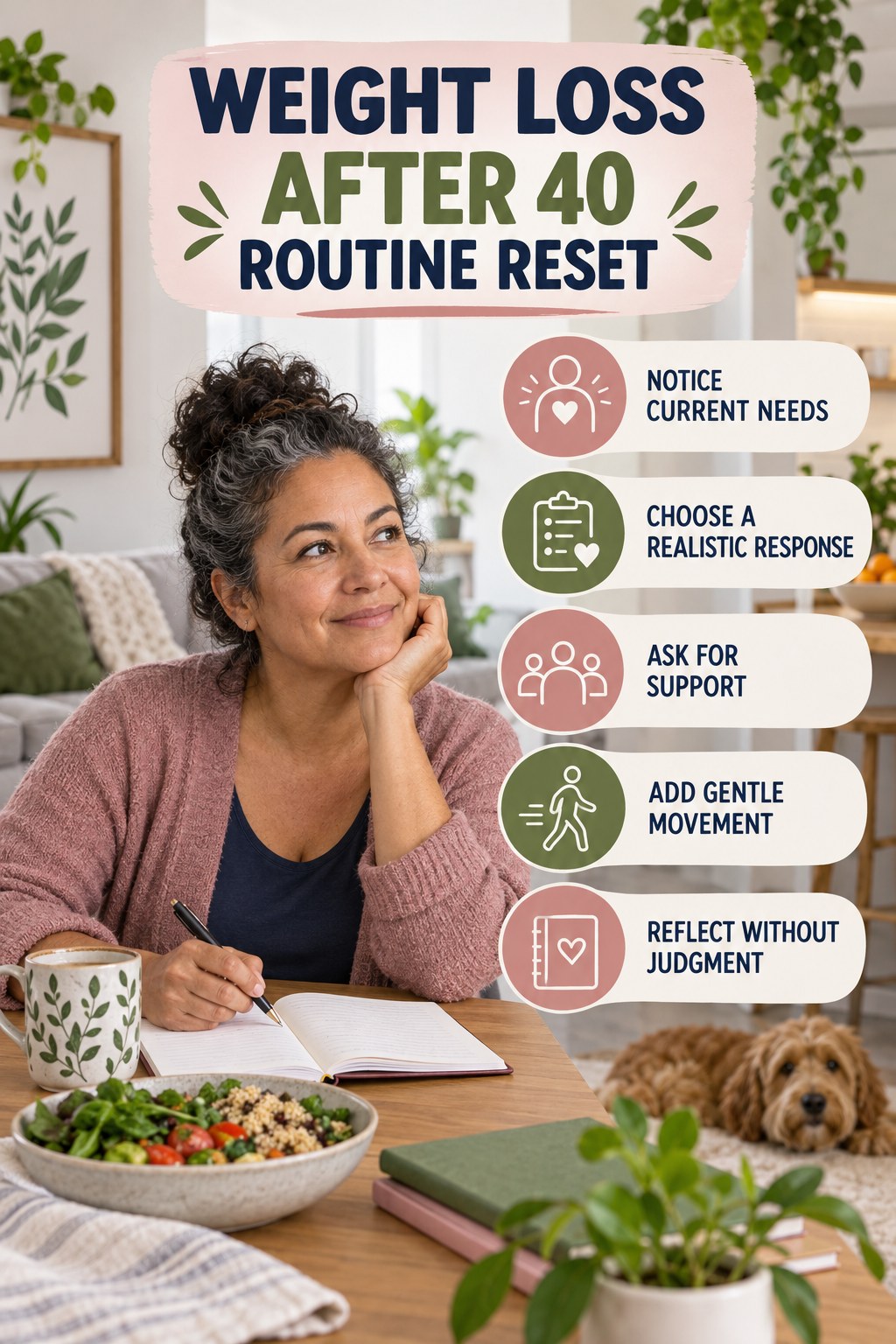 Self-Care Routine Reset for Weight Loss After 40 with five readable routine-reset cues and a realistic board-relevant wellness scene.