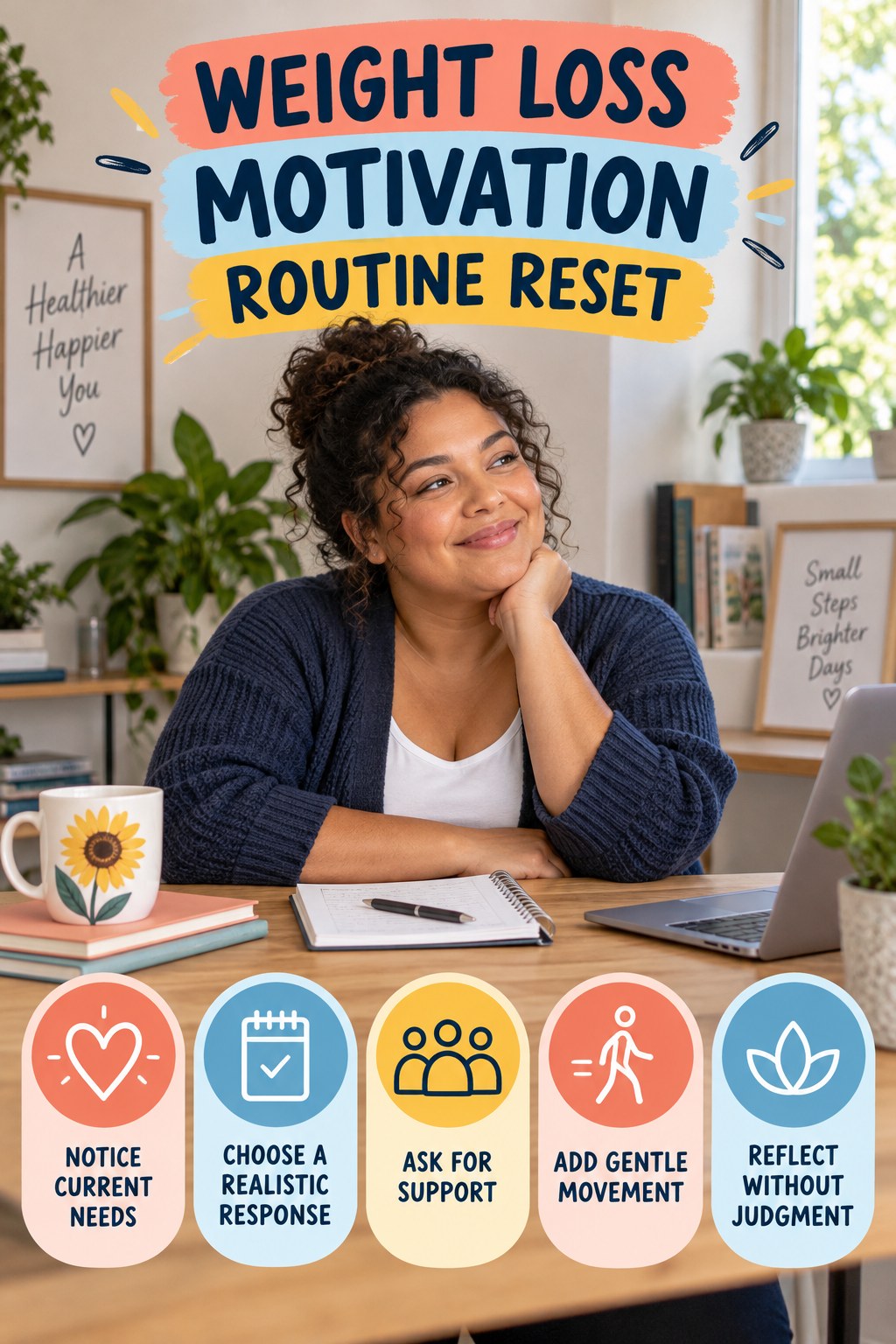 Self-Care Routine Reset for Weight Loss Motivation with five readable routine-reset cues and a realistic board-relevant wellness scene.