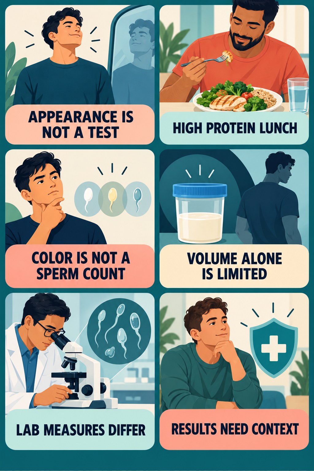 Semen Appearance Cannot Diagnose Fertility infographic for High Protein Lunch with four concise, non-shaming sexual-health education points.