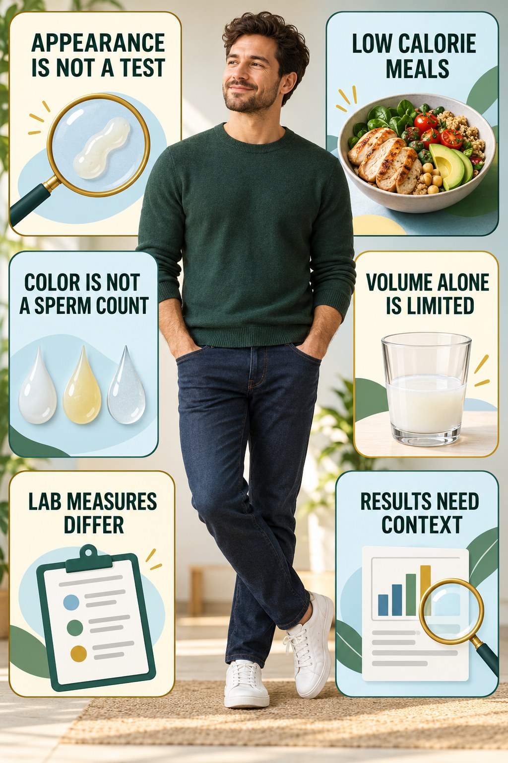 Semen Appearance Cannot Diagnose Fertility infographic for Low Calorie Meals with four concise, non-shaming sexual-health education points.