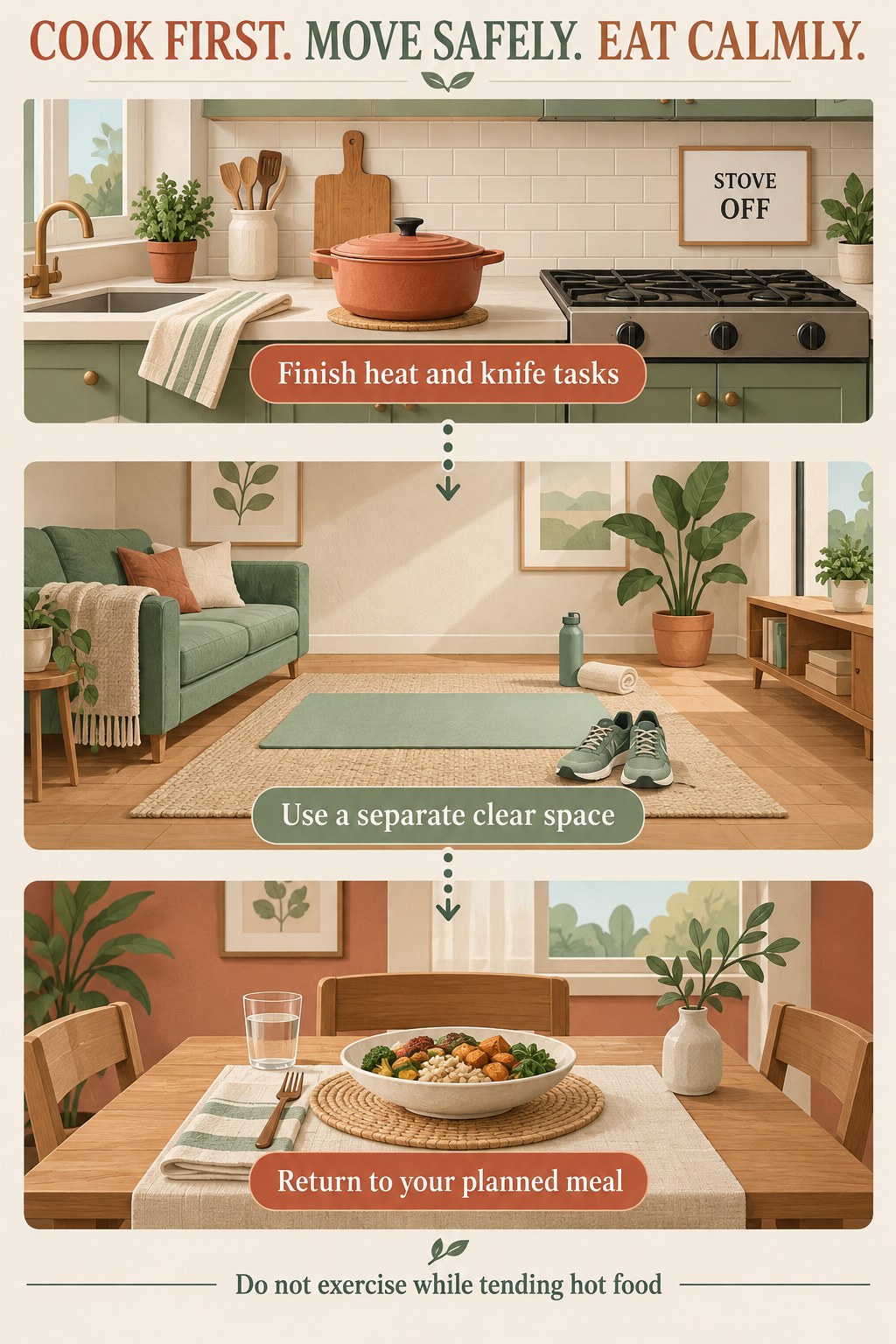 Three illustrated rooms show finished cooking, a clear exercise space, and a planned meal in a beginner fitness safety sequence.