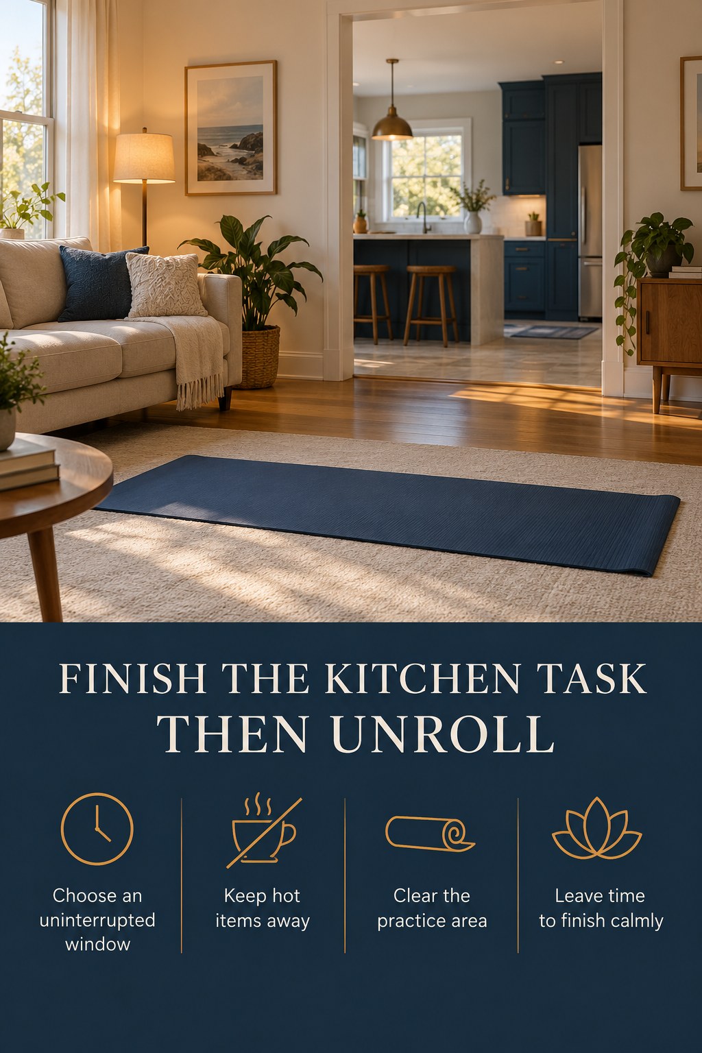 A clear Pilates mat in a separate sitting area with a kitchen visible in the distance.