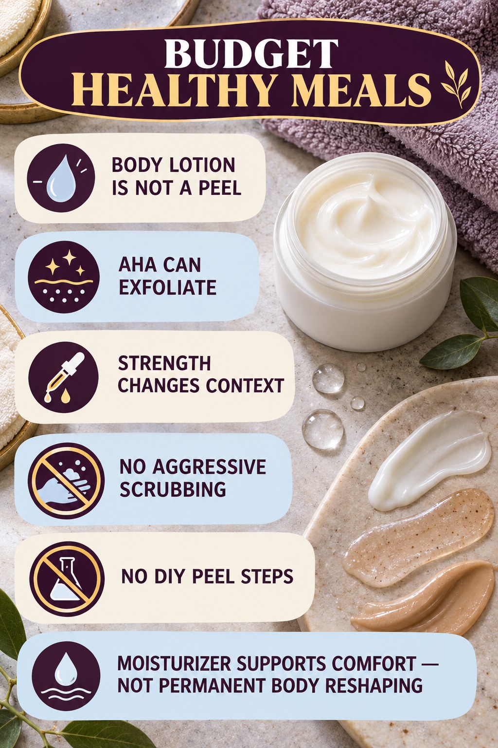 Separate Exfoliating Body Lotion From Strong Peels body-moisturization infographic for Budget Healthy Meals with four body-neutral comfort actions.