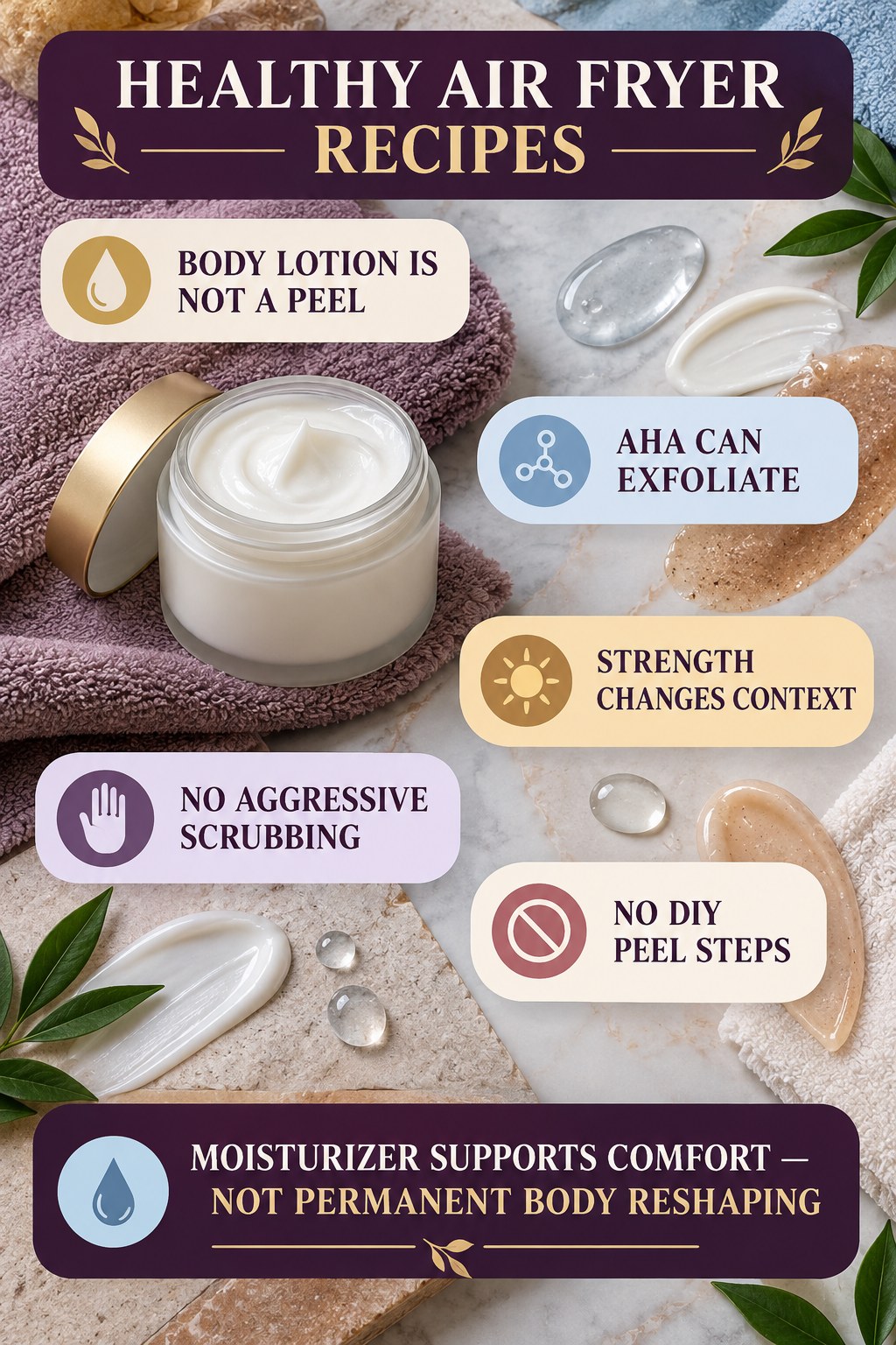 Separate Exfoliating Body Lotion From Strong Peels body-moisturization infographic for Healthy Air Fryer Recipes with four body-neutral comfort actions.