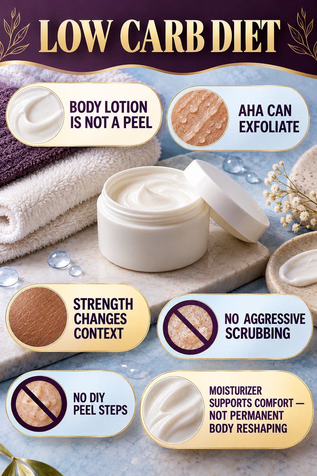 Separate Exfoliating Body Lotion From Strong Peels body-moisturization infographic for Low Carb Diet with four body-neutral comfort actions.