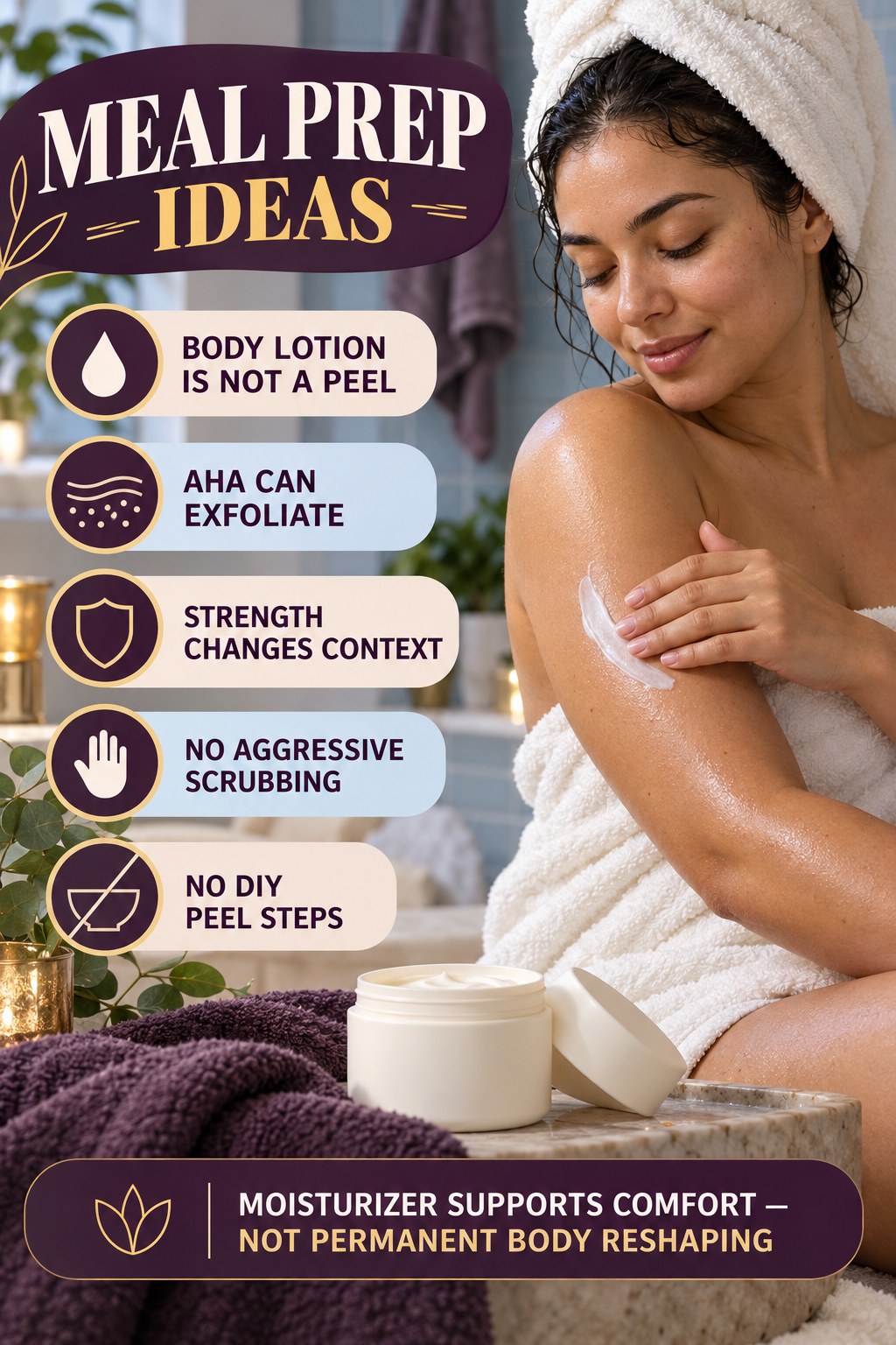 Separate Exfoliating Body Lotion From Strong Peels body-moisturization infographic for Meal Prep Ideas with four body-neutral comfort actions.