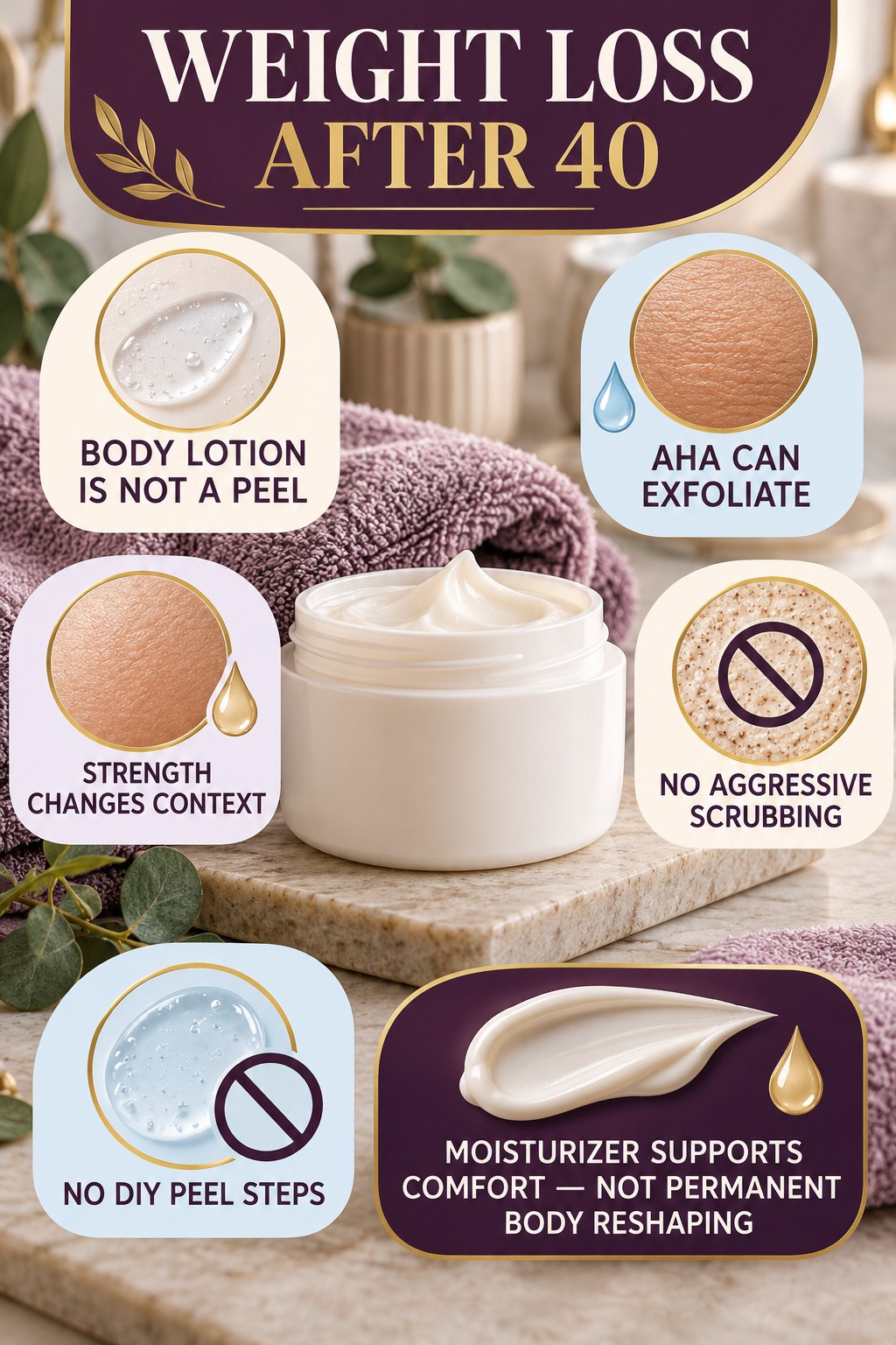 Separate Exfoliating Body Lotion From Strong Peels body-moisturization infographic for Weight Loss After 40 with four body-neutral comfort actions.