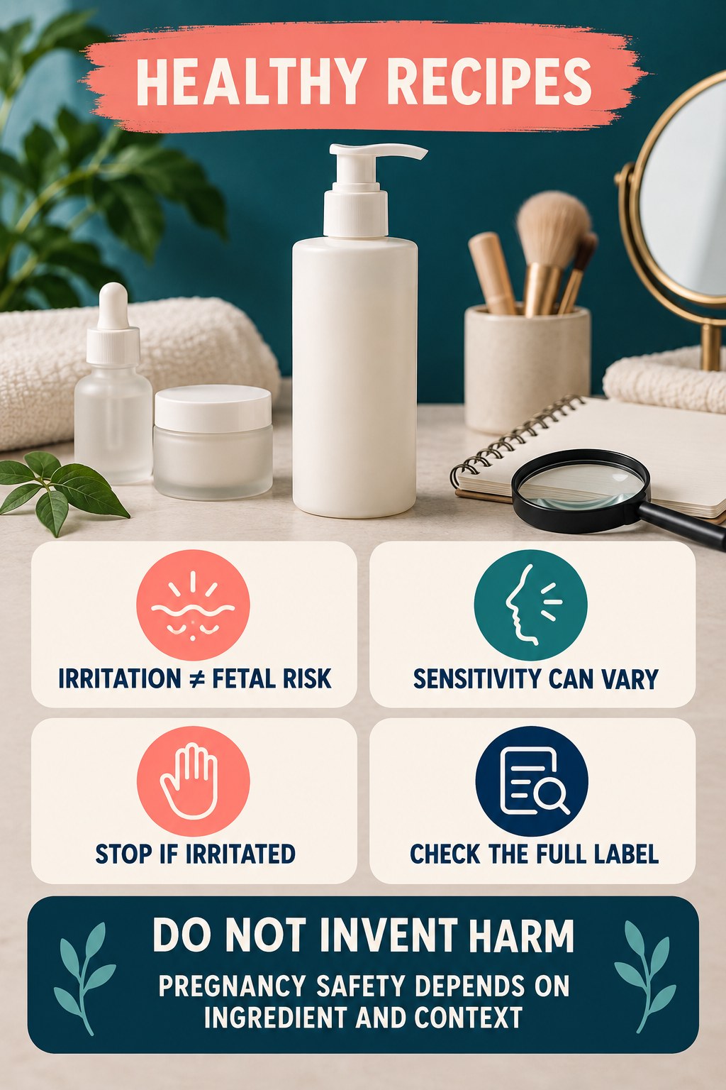 Separate Fragrance Irritation From Fetal-Risk Claims pregnancy skincare ingredient-question infographic for Healthy Recipes with four careful label-review points.