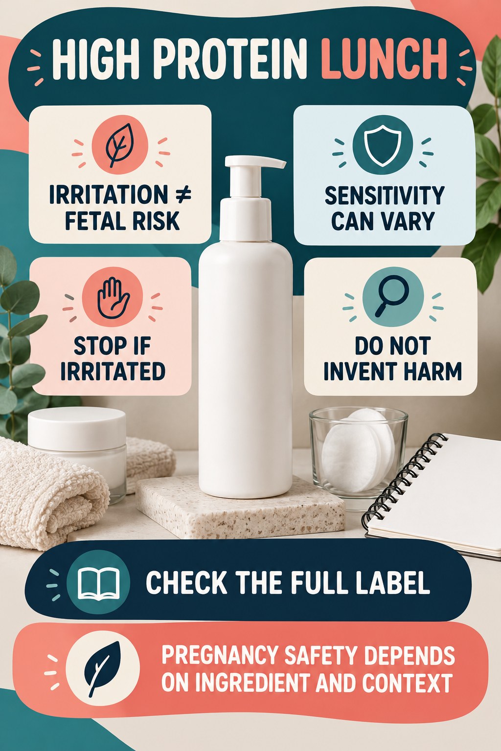 Separate Fragrance Irritation From Fetal-Risk Claims pregnancy skincare ingredient-question infographic for High Protein Lunch with four careful label-review points.