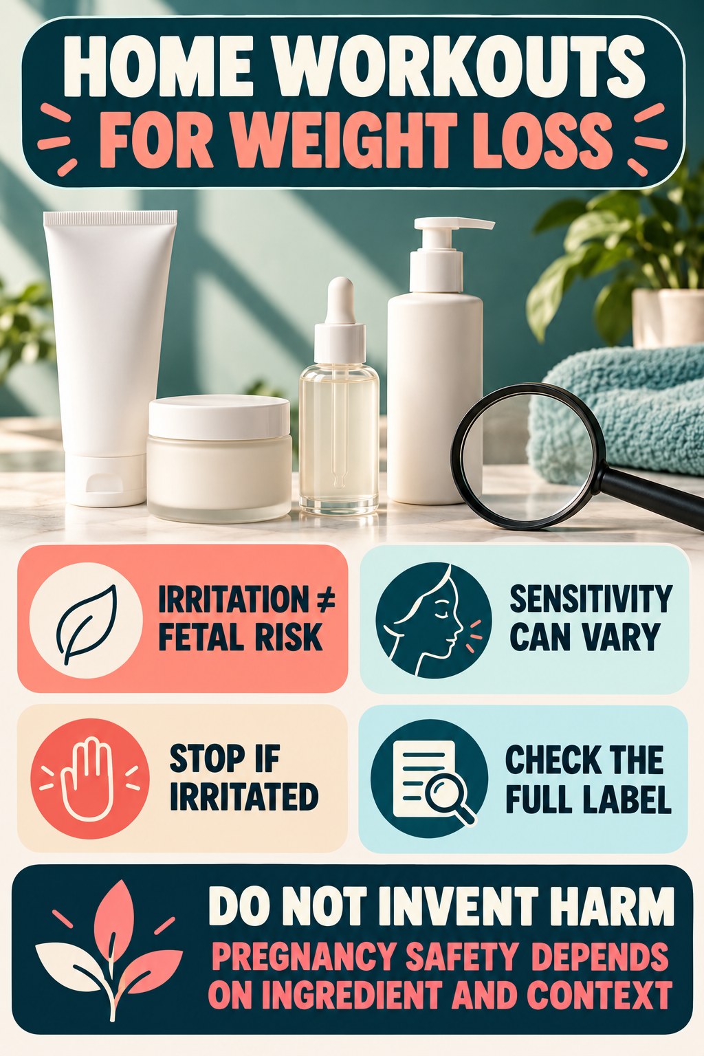 Separate Fragrance Irritation From Fetal-Risk Claims pregnancy skincare ingredient-question infographic for Home Workouts for Weight Loss with four careful label-review points.