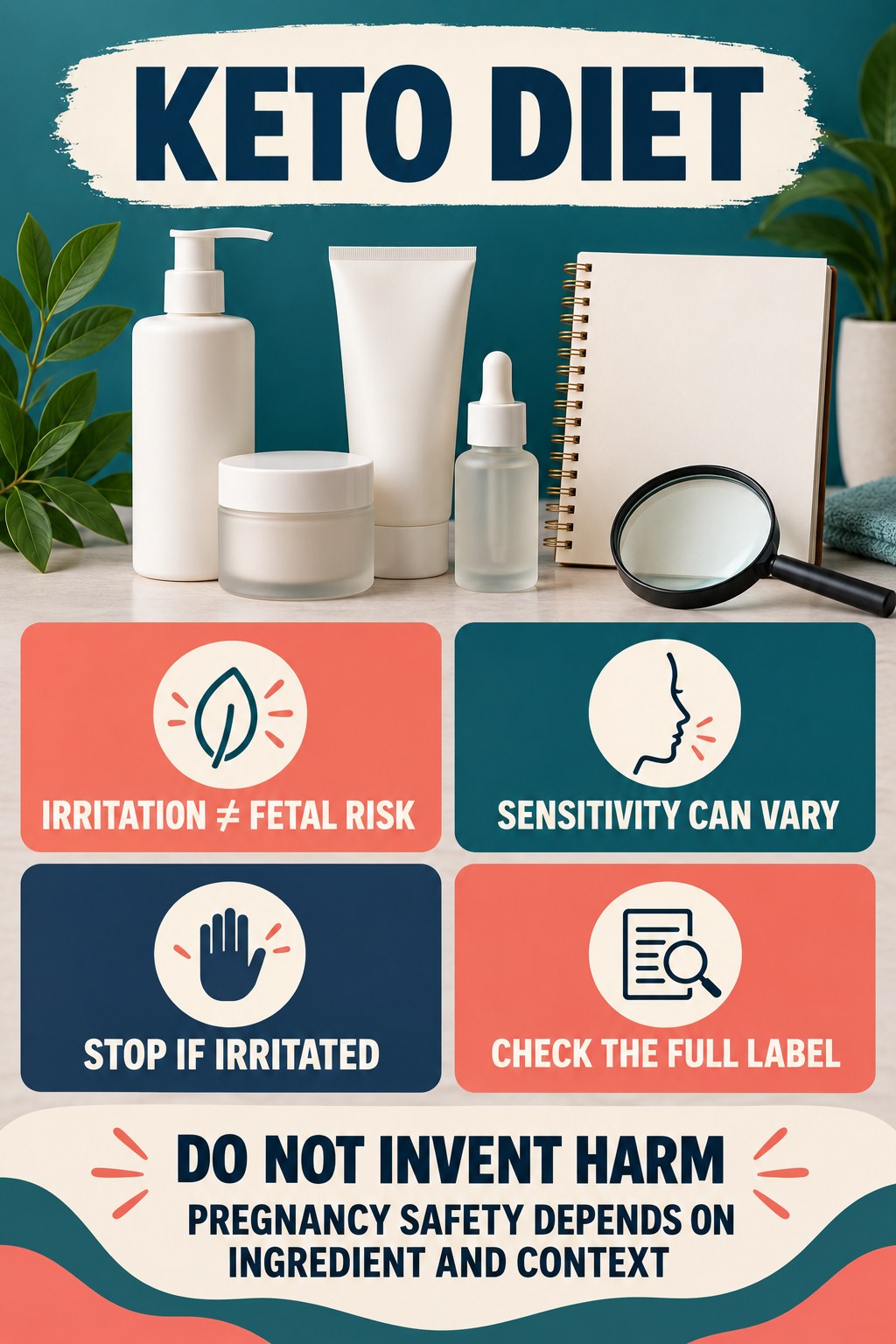 Separate Fragrance Irritation From Fetal-Risk Claims pregnancy skincare ingredient-question infographic for Keto Diet with four careful label-review points.