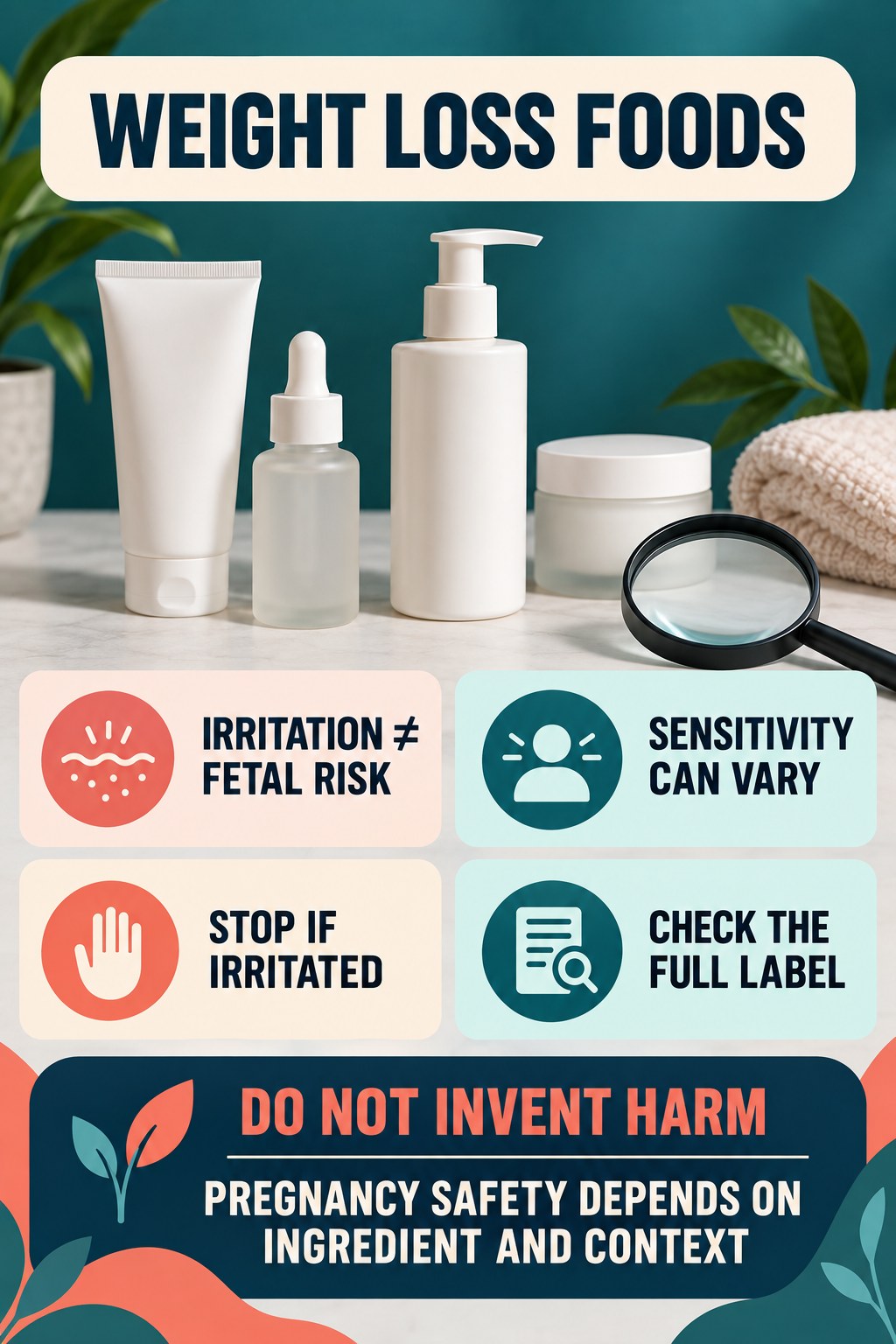 Separate Fragrance Irritation From Fetal-Risk Claims pregnancy skincare ingredient-question infographic for Weight Loss Foods with four careful label-review points.