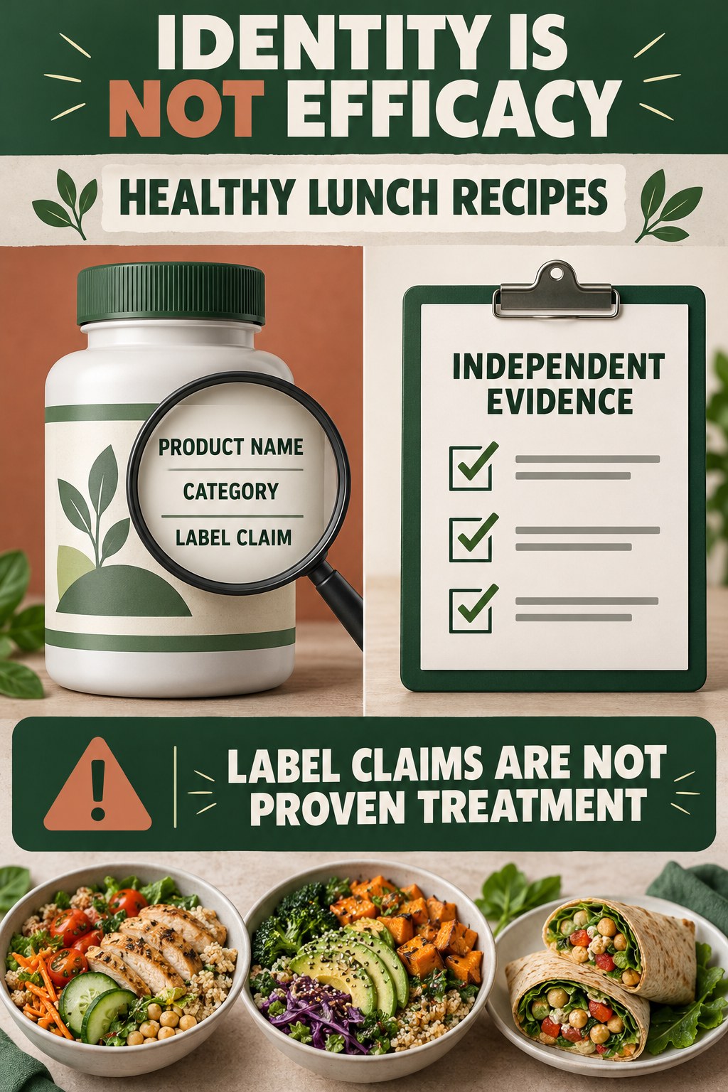 Separate Product Identity From Proven Benefit prostate supplement label-literacy infographic for Healthy Lunch Recipes with four careful reading points.