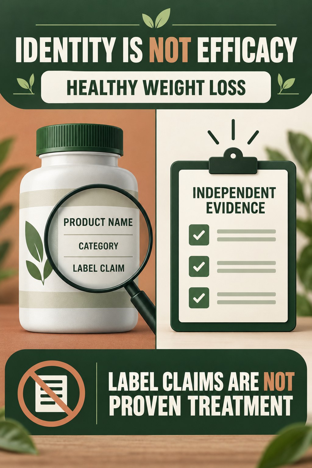 Separate Product Identity From Proven Benefit prostate supplement label-literacy infographic for Healthy Weight Loss with four careful reading points.