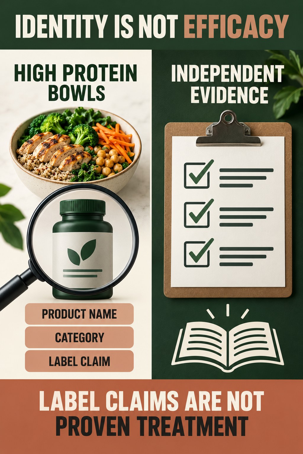 Separate Product Identity From Proven Benefit prostate supplement label-literacy infographic for High Protein Bowls with four careful reading points.