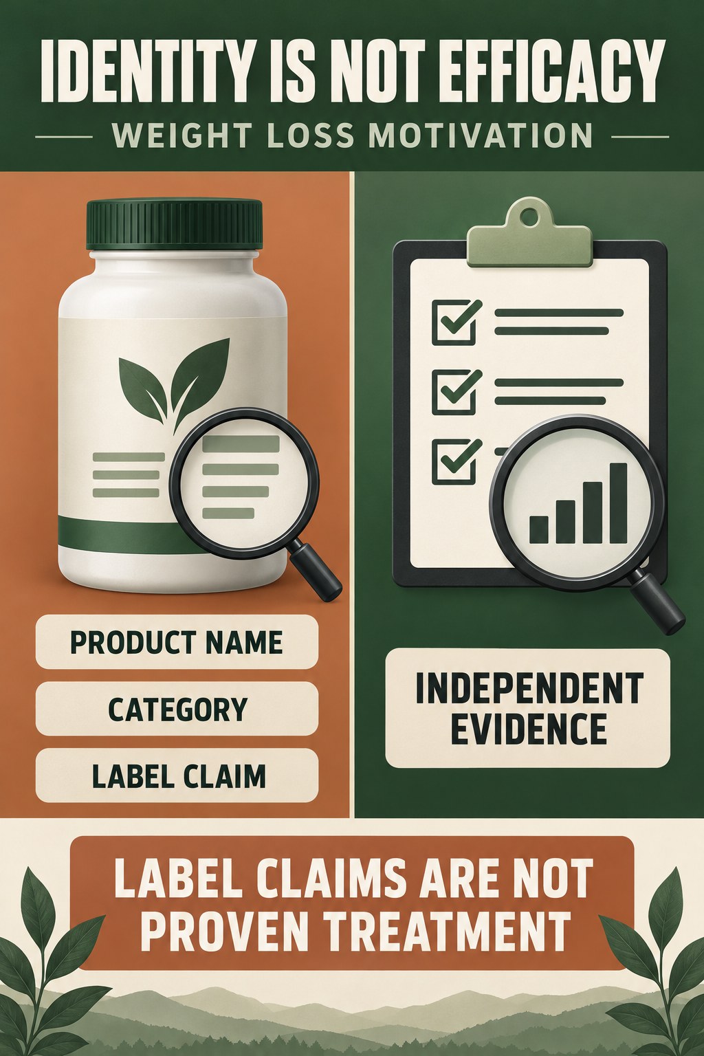 Separate Product Identity From Proven Benefit prostate supplement label-literacy infographic for Weight Loss Motivation with four careful reading points.