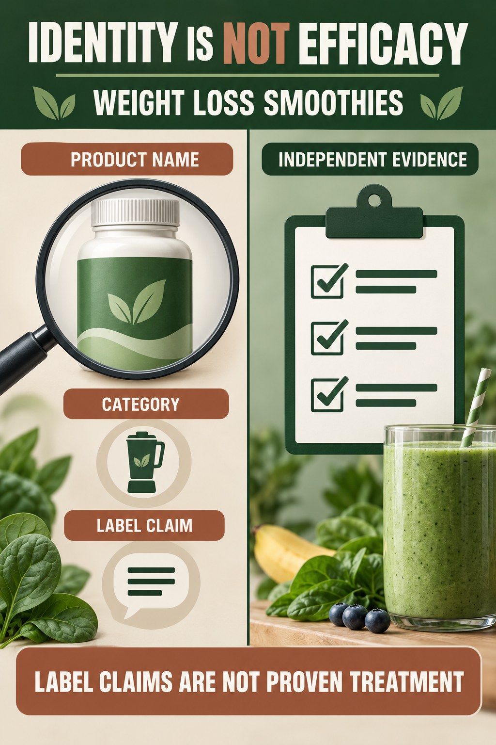 Separate Product Identity From Proven Benefit prostate supplement label-literacy infographic for Weight Loss Smoothies with four careful reading points.