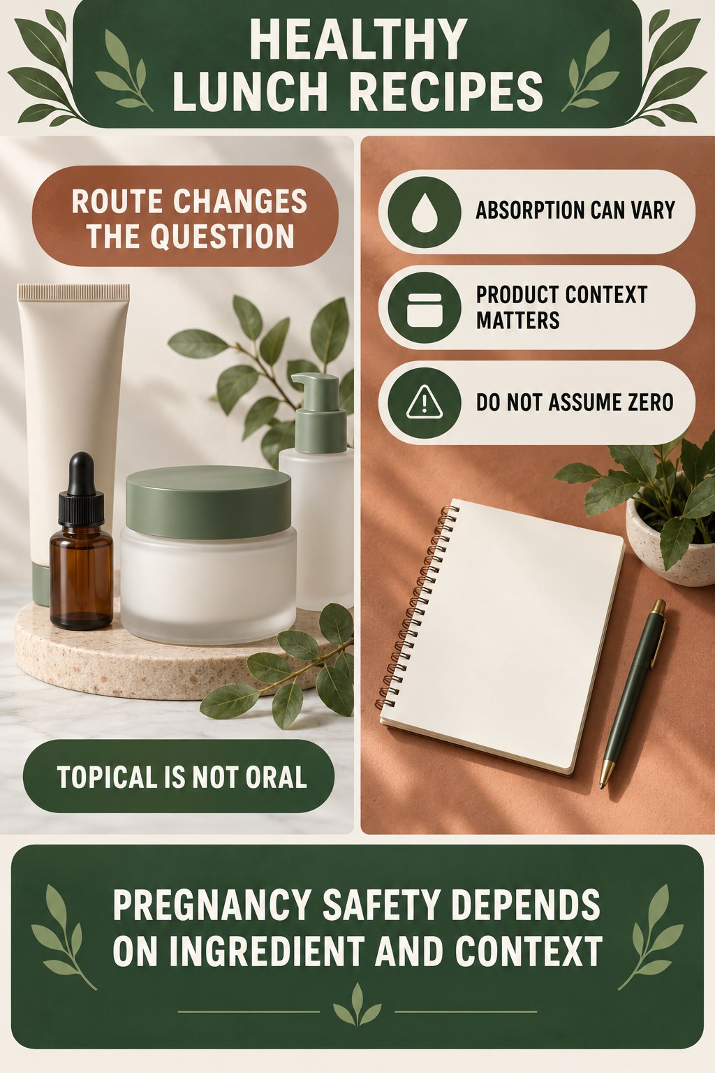 Separate Topical Use From Oral Exposure pregnancy skincare ingredient-question infographic for Healthy Lunch Recipes with four careful label-review points.