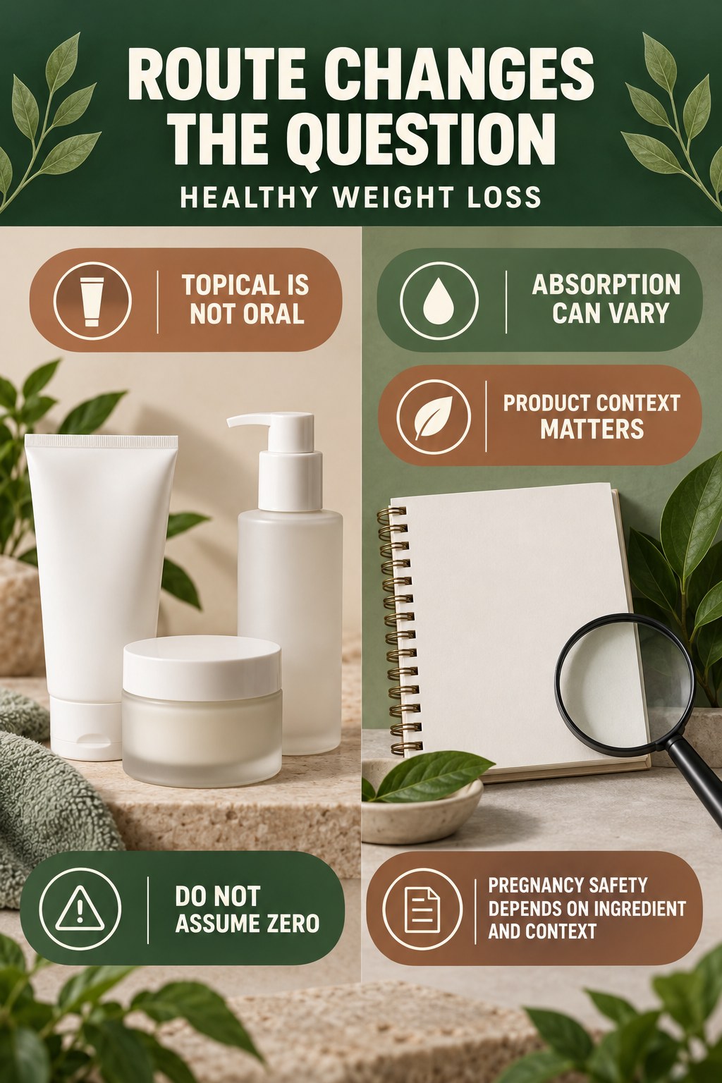 Separate Topical Use From Oral Exposure pregnancy skincare ingredient-question infographic for Healthy Weight Loss with four careful label-review points.