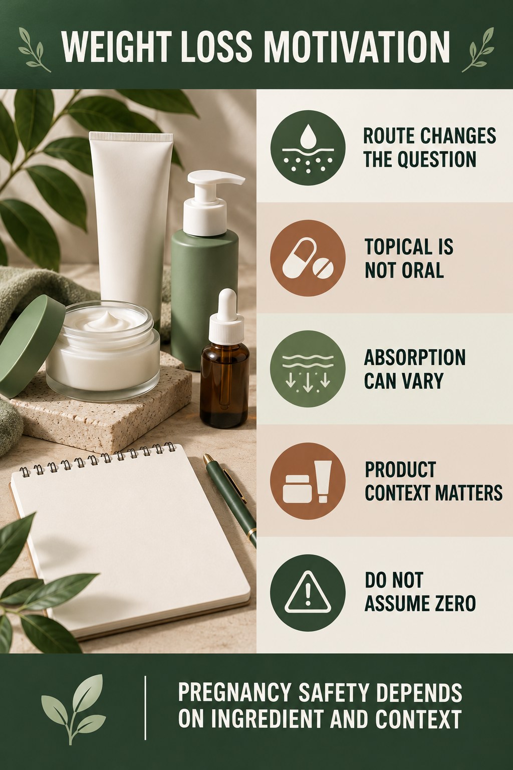 Separate Topical Use From Oral Exposure pregnancy skincare ingredient-question infographic for Weight Loss Motivation with four careful label-review points.