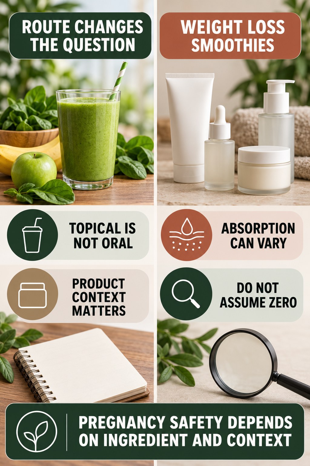 Separate Topical Use From Oral Exposure pregnancy skincare ingredient-question infographic for Weight Loss Smoothies with four careful label-review points.