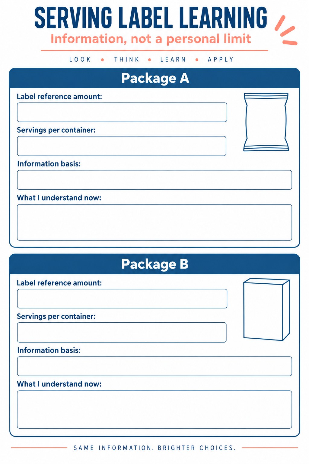 Blank serving label learning tracker with two package cards and reference amount, container servings, and clarification fields.