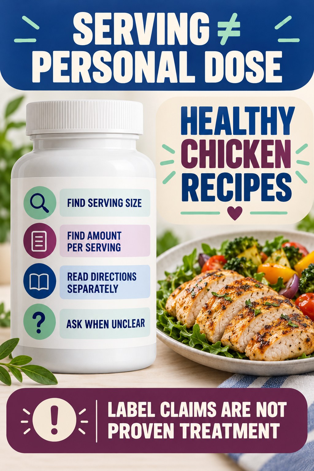 Serving Size and Personal Dose Are Different prostate supplement label-literacy infographic for Healthy Chicken Recipes with four careful reading points.