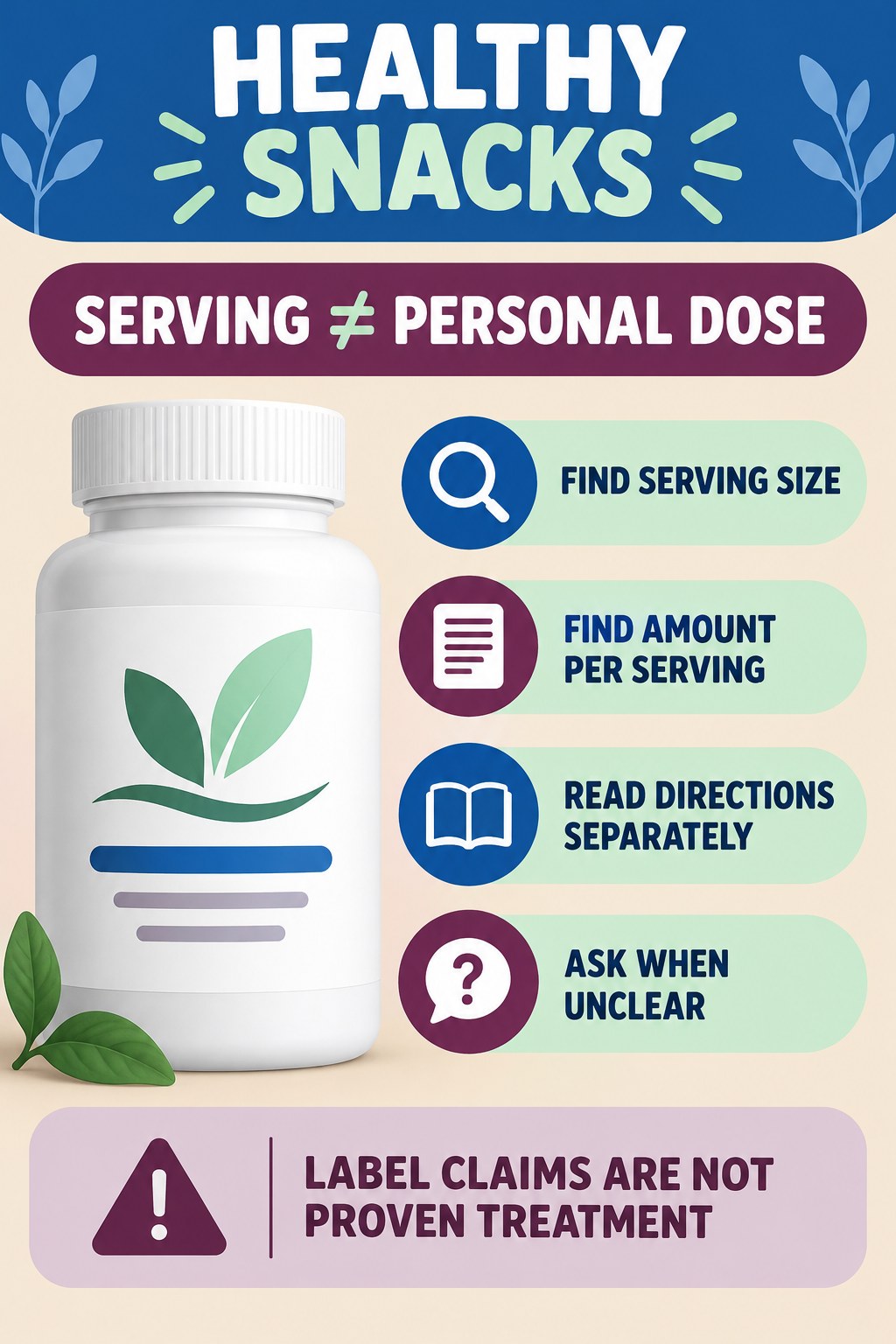 Serving Size and Personal Dose Are Different prostate supplement label-literacy infographic for Healthy Snacks with four careful reading points.