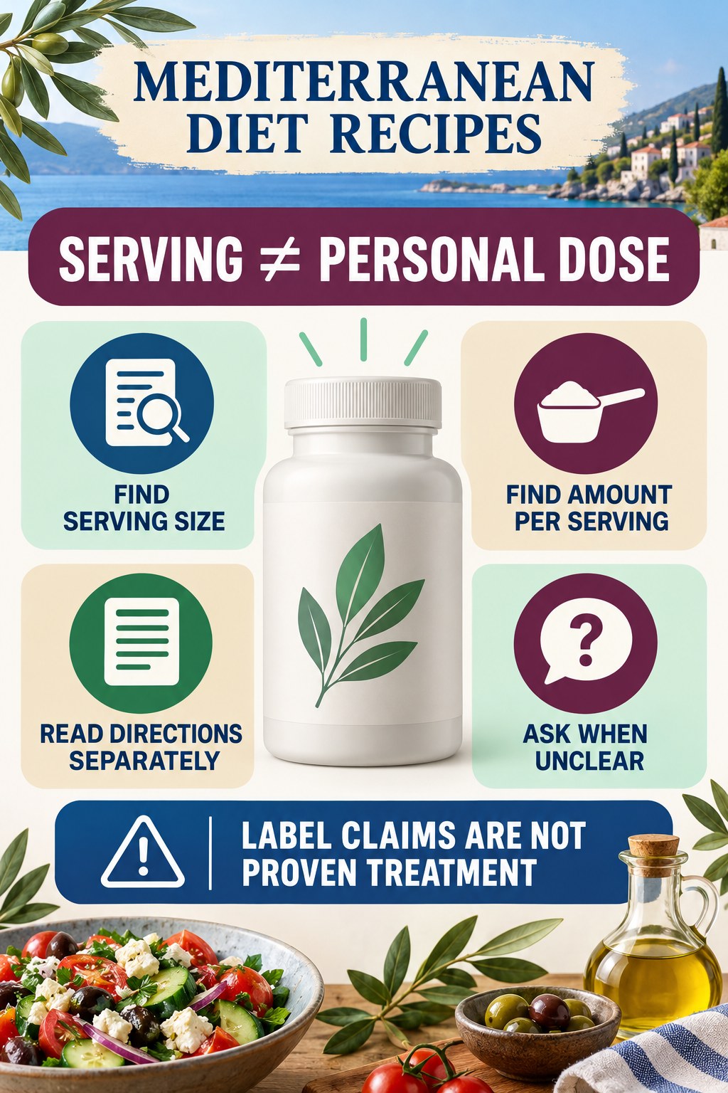 Serving Size and Personal Dose Are Different prostate supplement label-literacy infographic for Mediterranean Diet Recipes with four careful reading points.