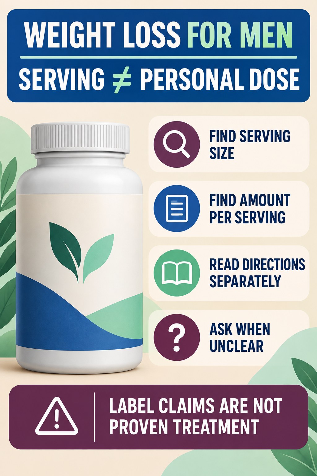 Serving Size and Personal Dose Are Different prostate supplement label-literacy infographic for Weight Loss for Men with four careful reading points.