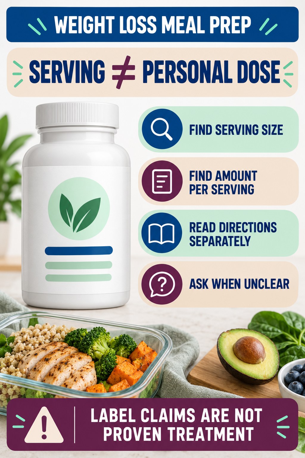 Serving Size and Personal Dose Are Different prostate supplement label-literacy infographic for Weight Loss Meal Prep with four careful reading points.