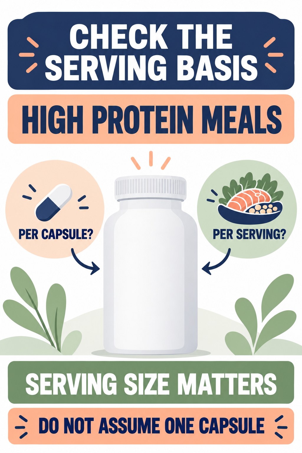 Serving Size Changes the Meaning of CFU infographic for High Protein Meals with four concise probiotic-label reading points.