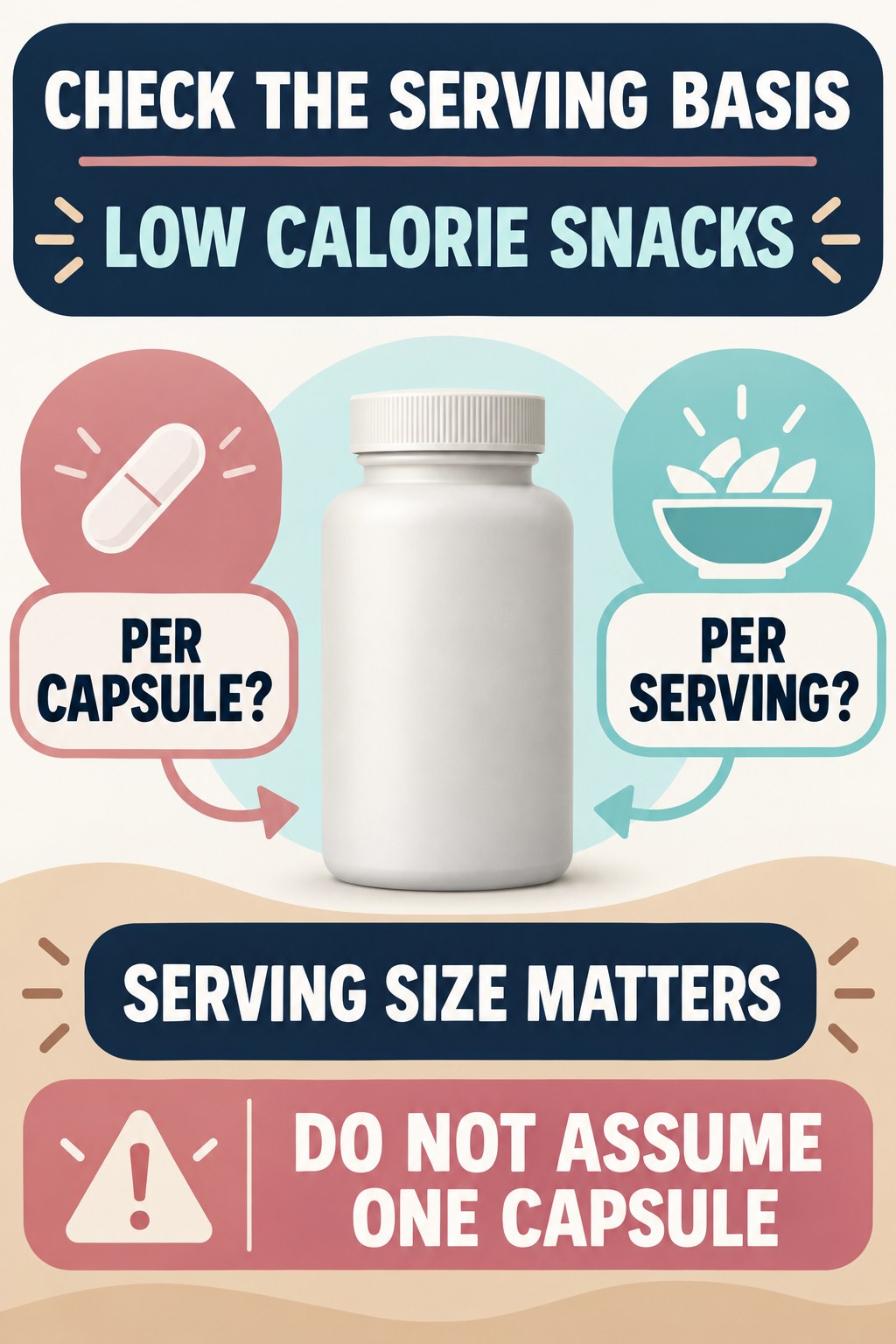 Serving Size Changes the Meaning of CFU infographic for Low Calorie Snacks with four concise probiotic-label reading points.