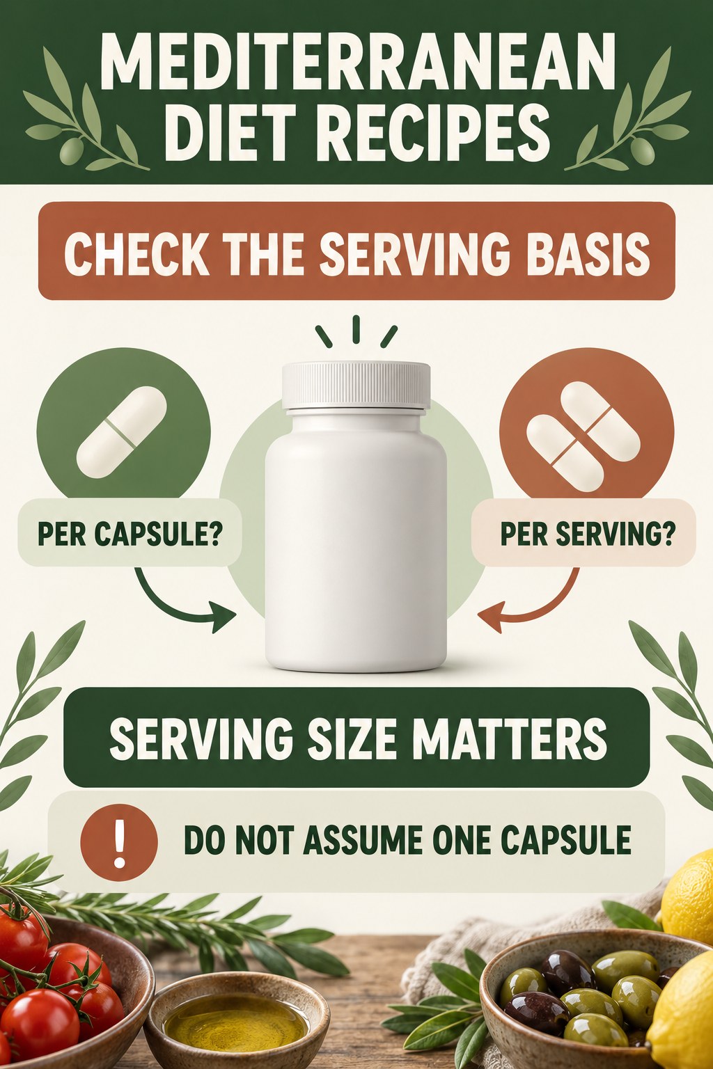 Serving Size Changes the Meaning of CFU infographic for Mediterranean Diet Recipes with four concise probiotic-label reading points.