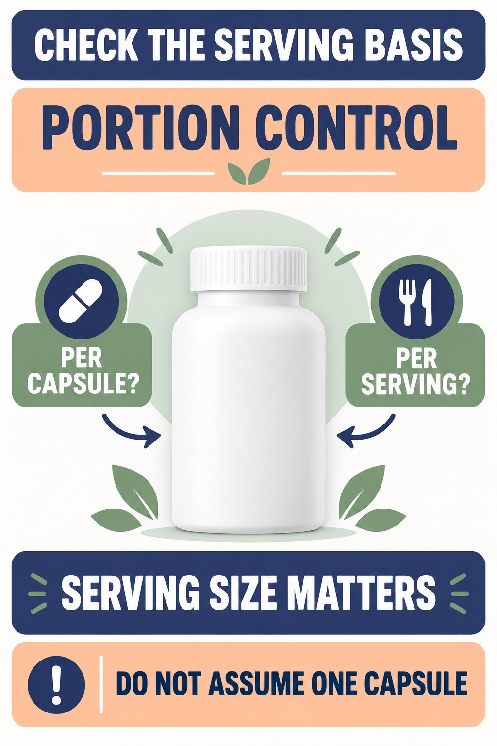 Serving Size Changes the Meaning of CFU infographic for Portion Control with four concise probiotic-label reading points.