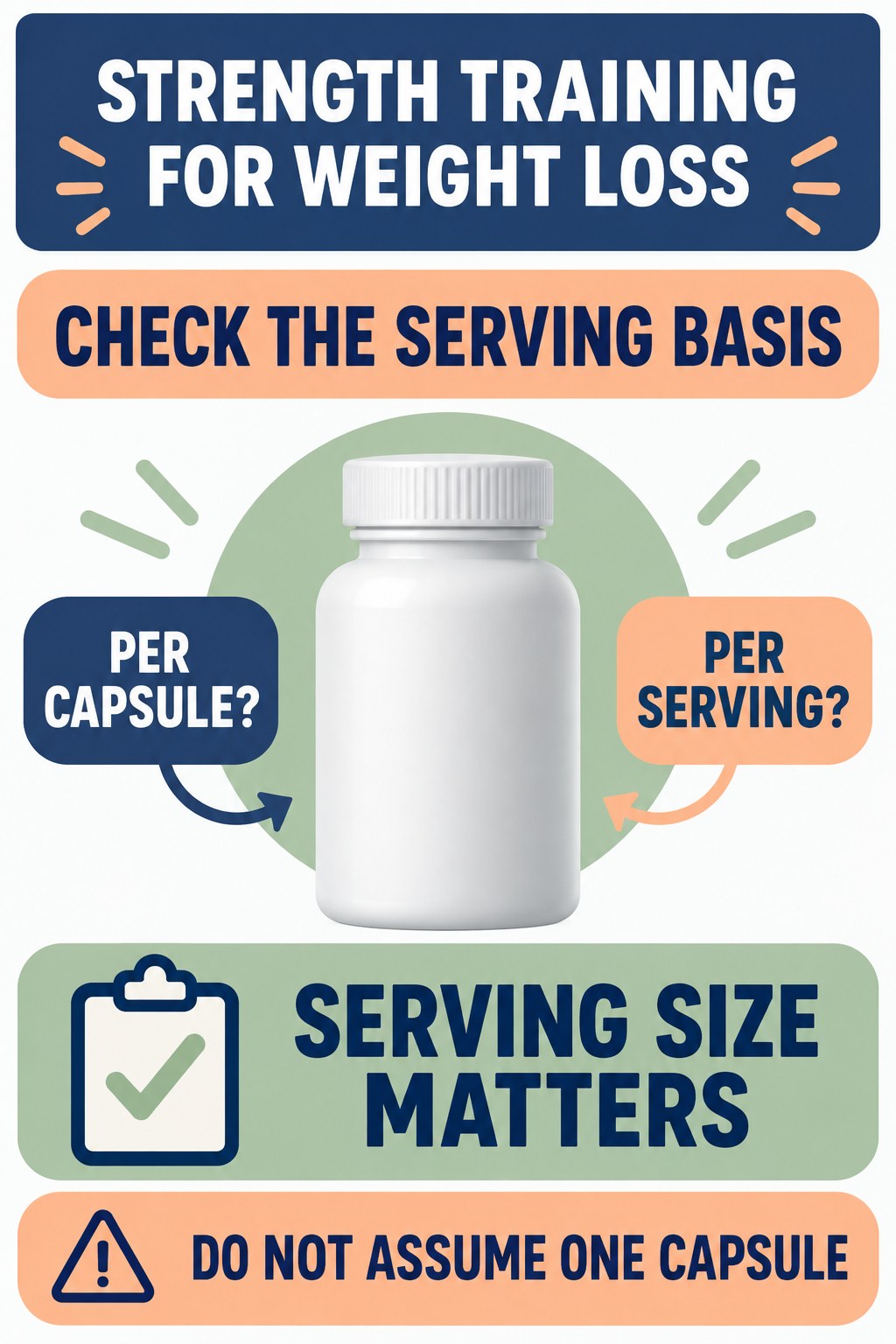 Serving Size Changes the Meaning of CFU infographic for Strength Training for Weight Loss with four concise probiotic-label reading points.