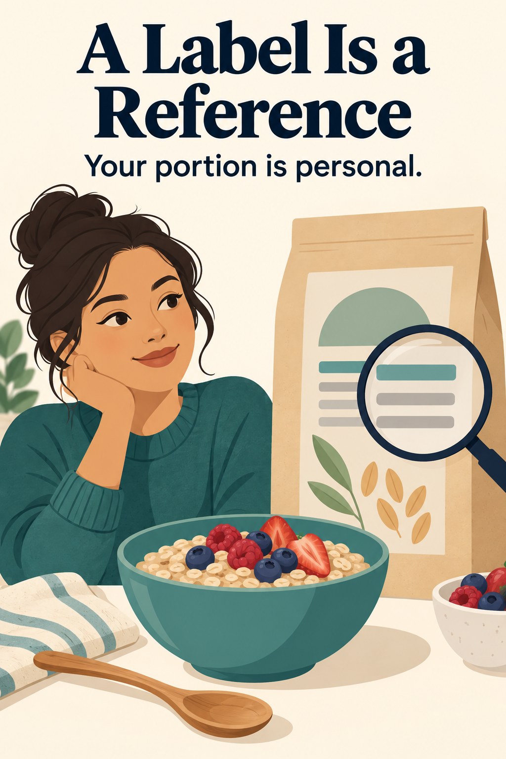 Illustrated bowl and plain food package with a magnifying glass beside a serving-size headline.