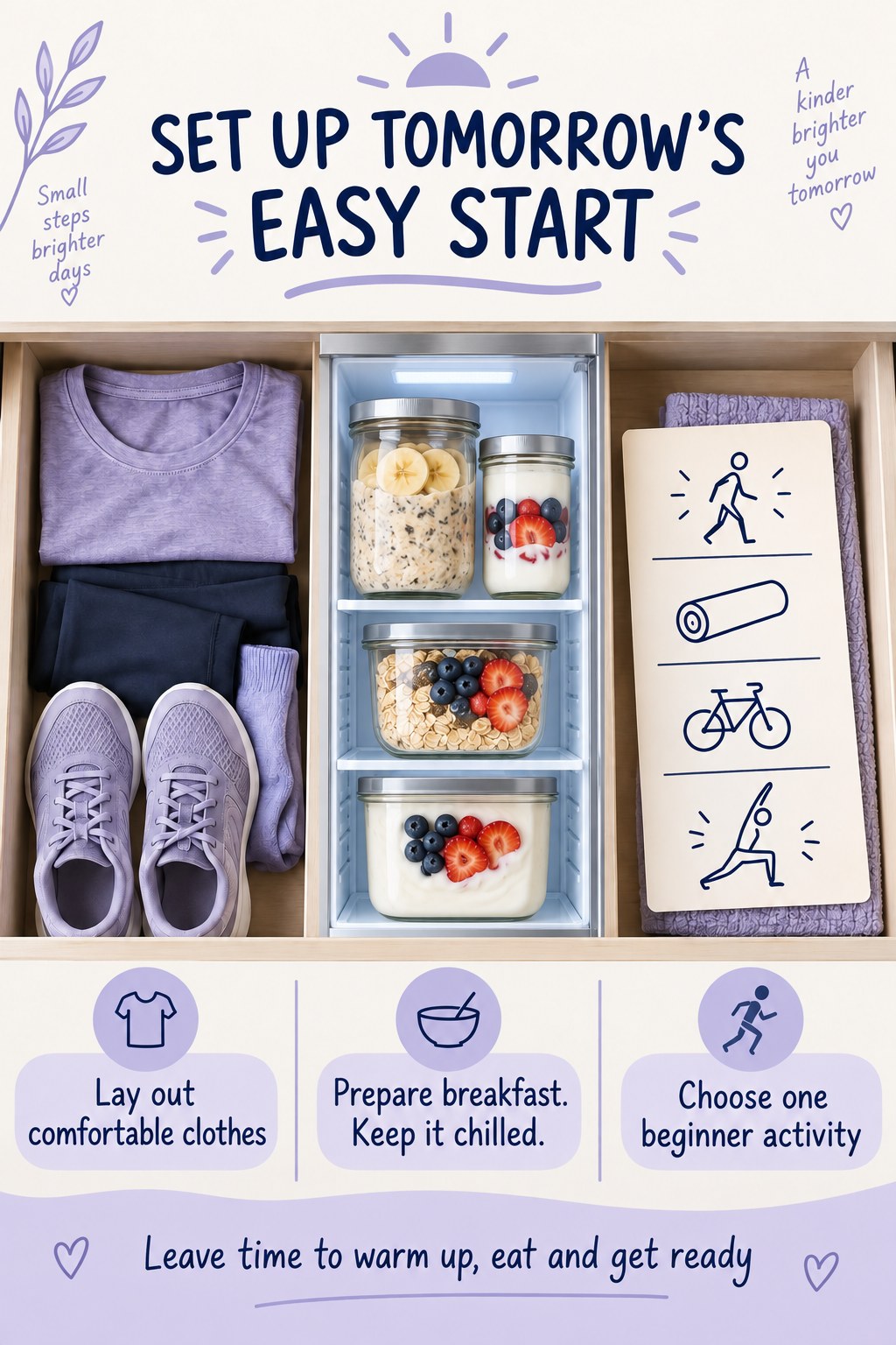 Three planning compartments show clothes, refrigerated breakfast jars, and an activity card with an easy morning checklist.