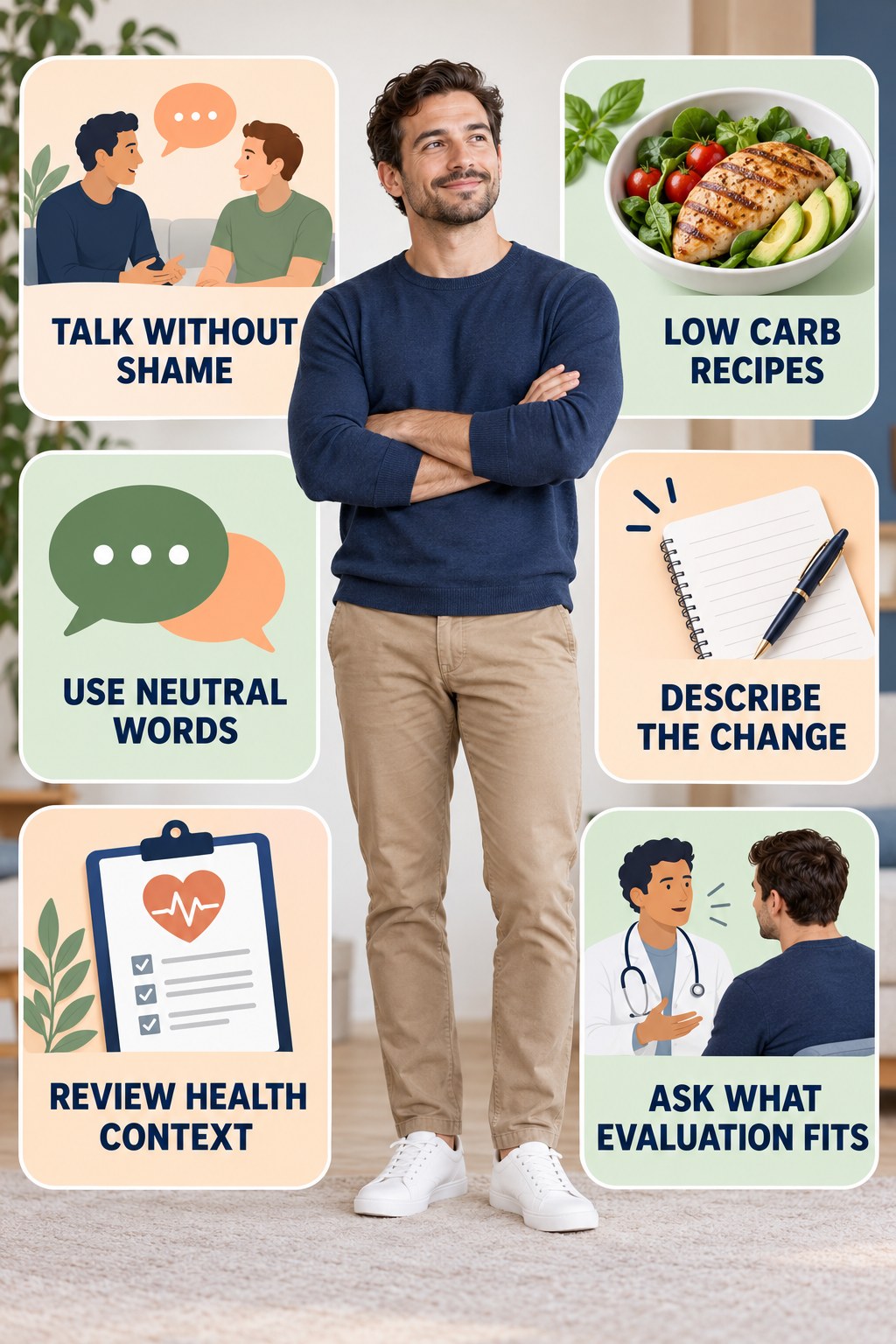 Sexual Concerns Are Worth a Calm Conversation infographic for Low Carb Recipes with four concise, non-shaming sexual-health education points.