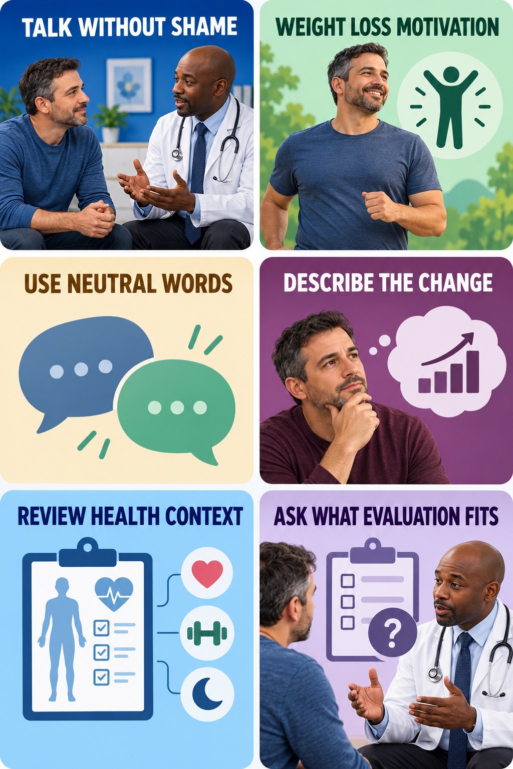 Sexual Concerns Are Worth a Calm Conversation infographic for Weight Loss Motivation with four concise, non-shaming sexual-health education points.