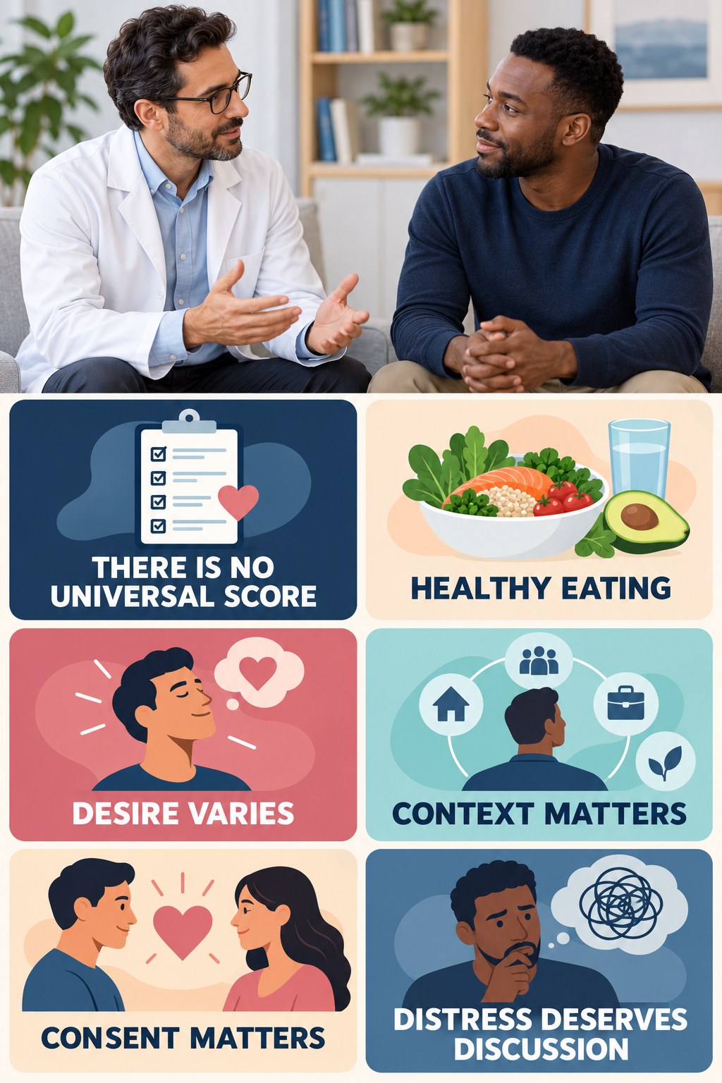 Sexual Frequency Is Not a Wellness Score infographic for Healthy Eating with four concise, non-shaming sexual-health education points.