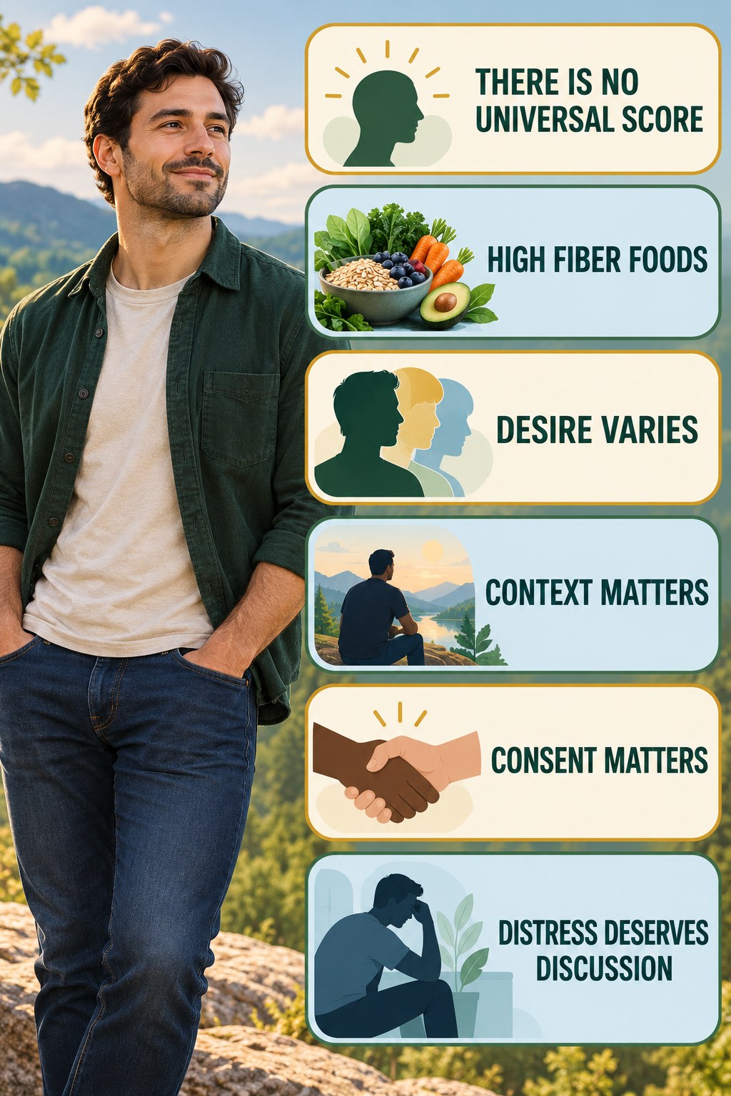 Sexual Frequency Is Not a Wellness Score infographic for High Fiber Foods with four concise, non-shaming sexual-health education points.