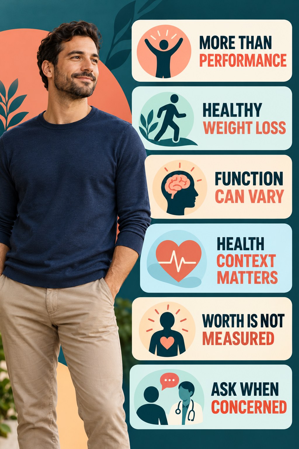 Sexual Health Is More Than Performance infographic for Healthy Weight Loss with four concise, non-shaming sexual-health education points.