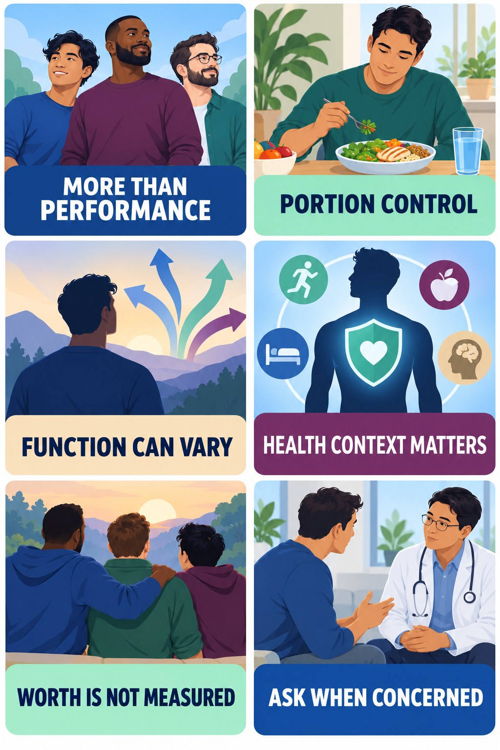 Sexual Health Is More Than Performance infographic for Portion Control with four concise, non-shaming sexual-health education points.
