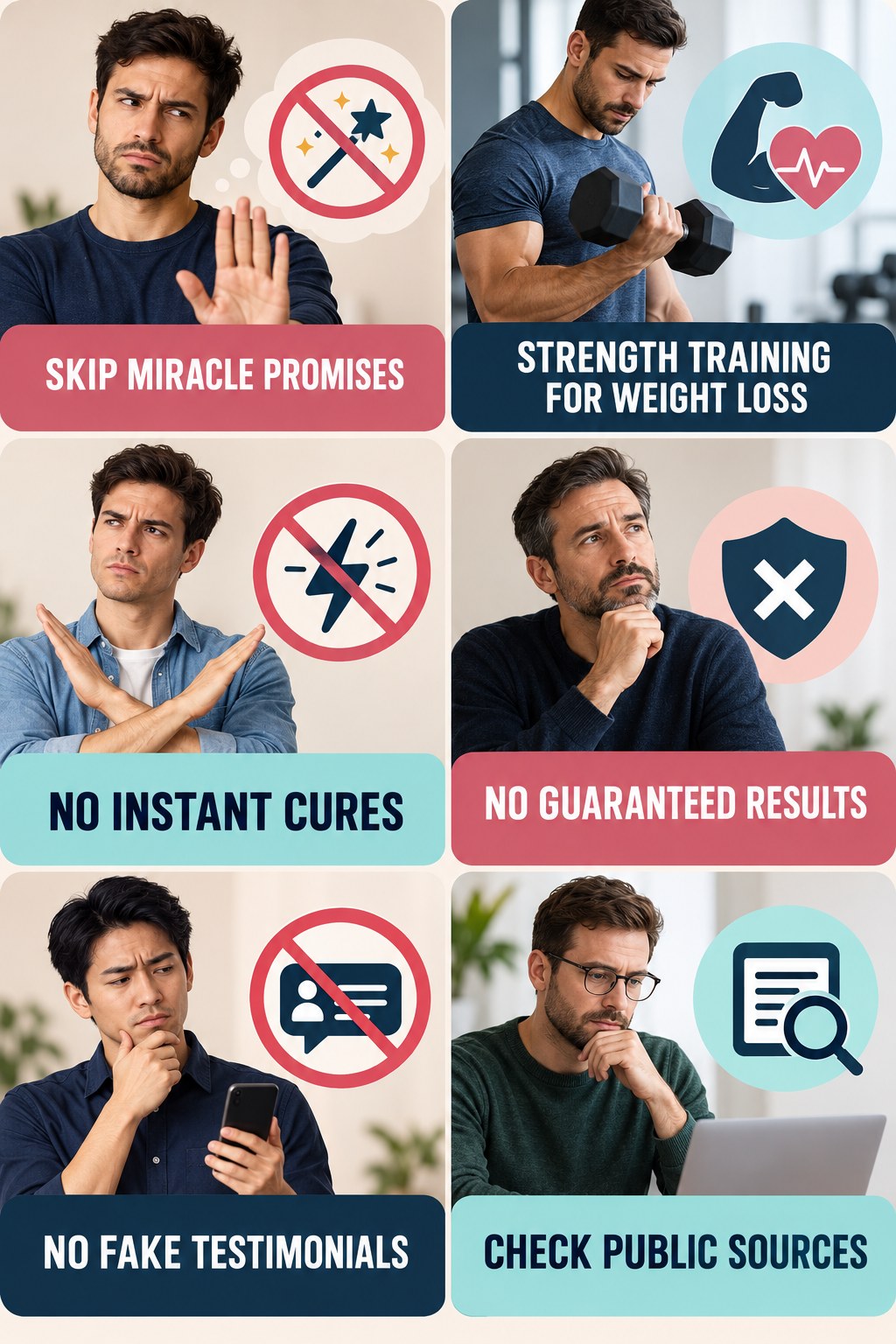 Sexual Wellness Content Should Avoid Miracle Language infographic for Strength Training for Weight Loss with four concise, non-shaming sexual-health education points.