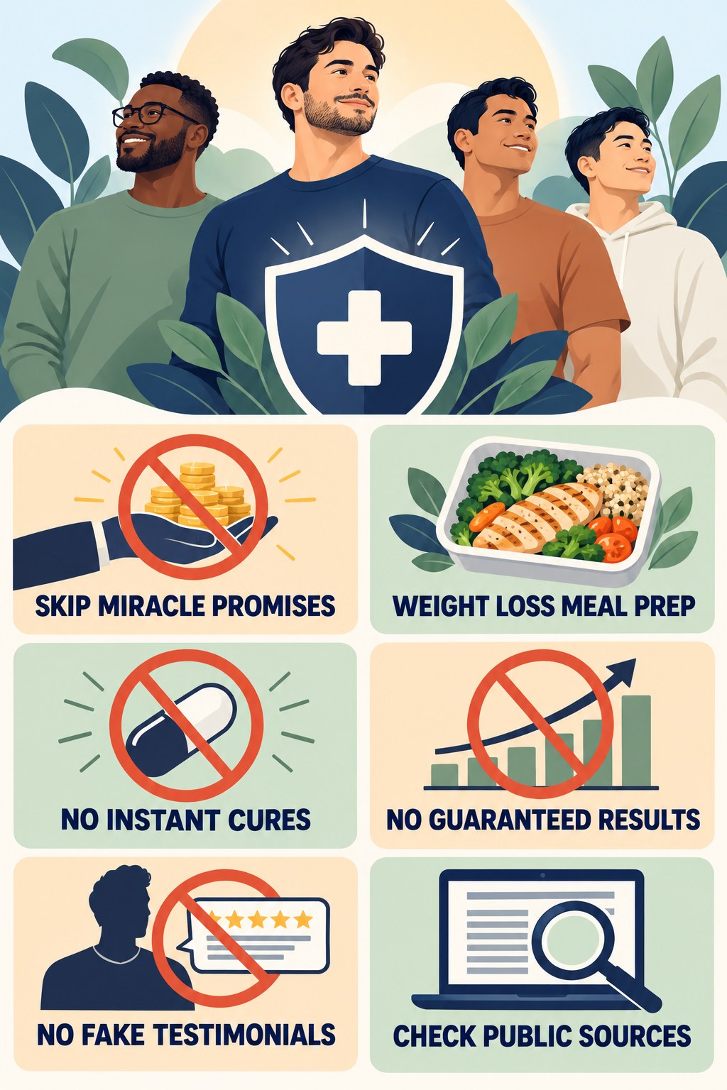 Sexual Wellness Content Should Avoid Miracle Language infographic for Weight Loss Meal Prep with four concise, non-shaming sexual-health education points.