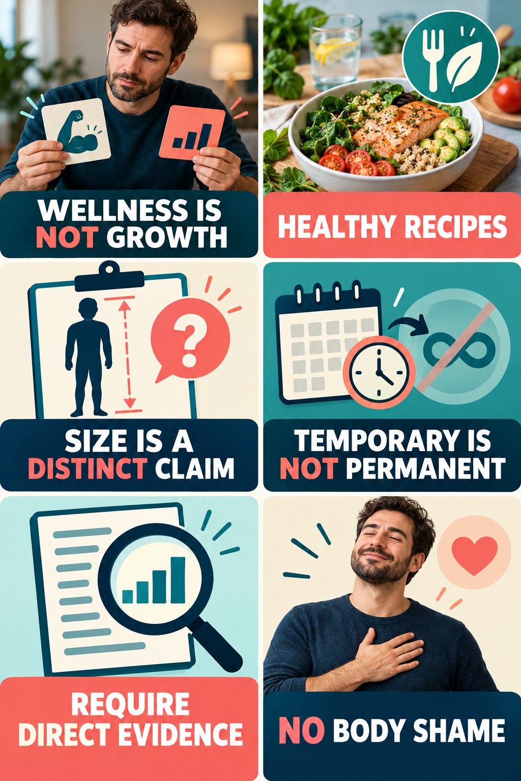 Sexual Wellness Is Not Penis Enlargement Proof evidence-literacy infographic for Healthy Recipes with four concise claim-evaluation checks.