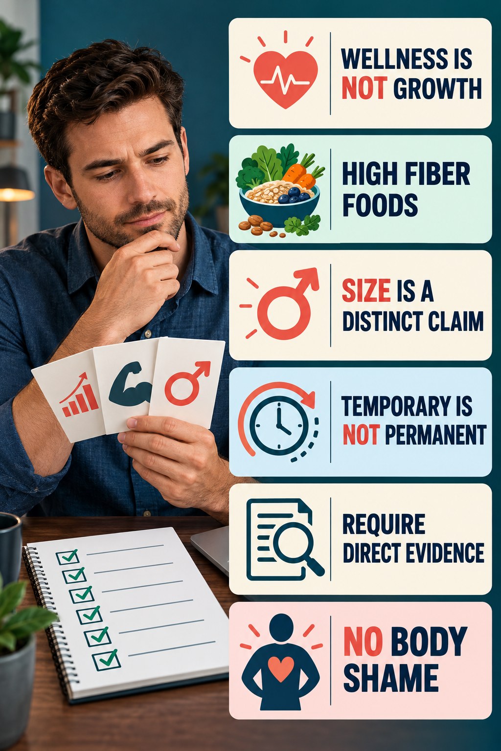 Sexual Wellness Is Not Penis Enlargement Proof evidence-literacy infographic for High Fiber Foods with four concise claim-evaluation checks.