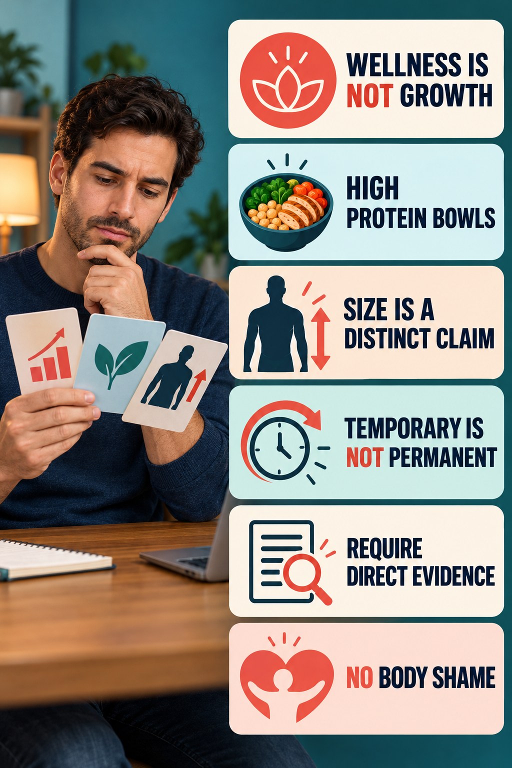 Sexual Wellness Is Not Penis Enlargement Proof evidence-literacy infographic for High Protein Bowls with four concise claim-evaluation checks.